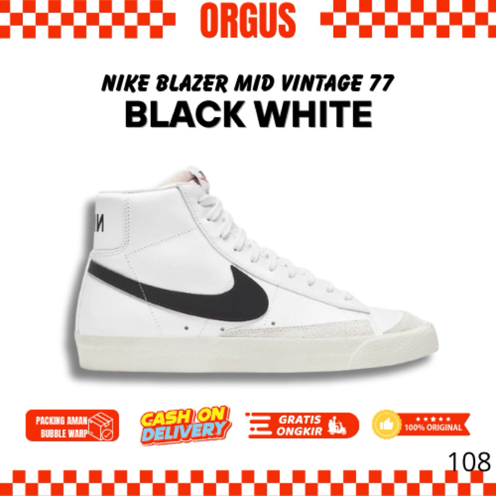 NIKE BLAZER MID VINTAGE 77 BLACK WHITE ORIGINAL RESMI NIKE INDONESIA UNISEX