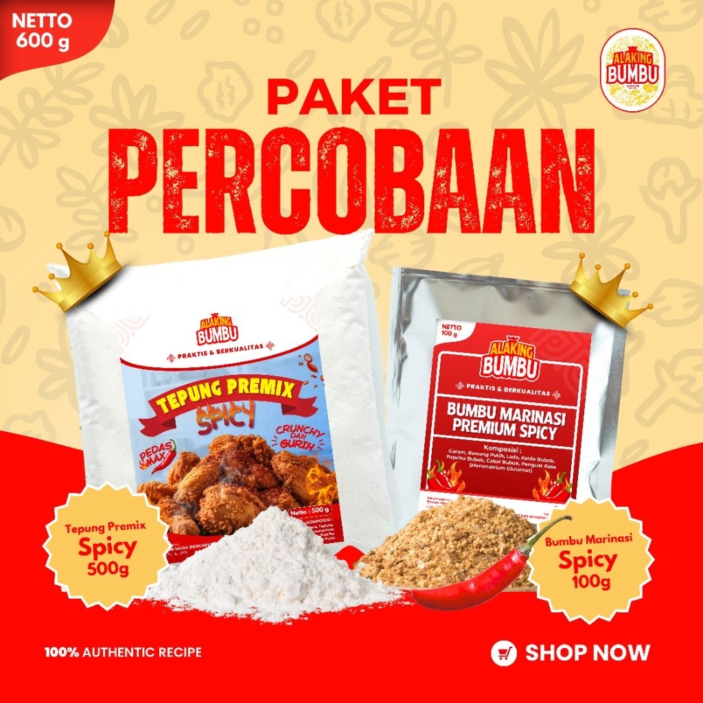 

[ALAKING BUMBU] Paket Percobaan Tepung Premix Spicy & Bumbu Marinasi Spicy - Fried Chicken Pedas