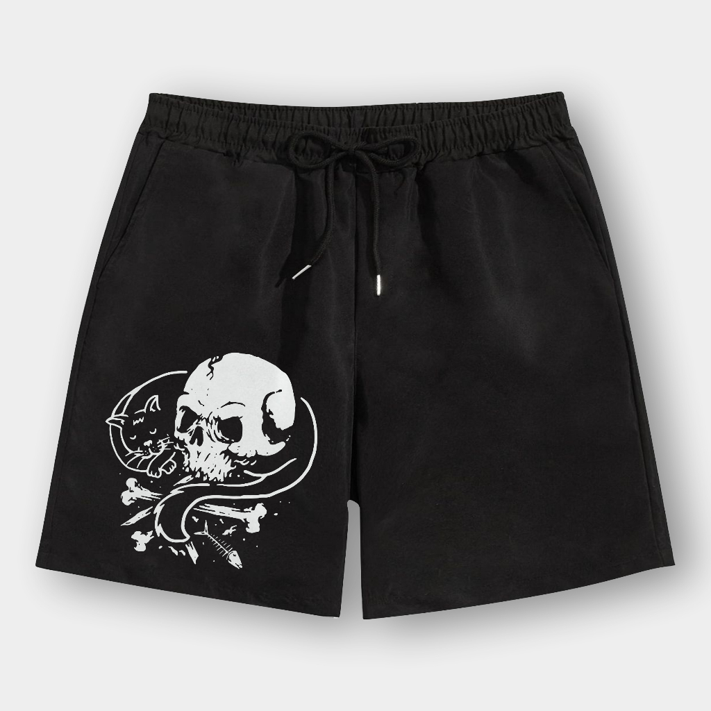 Blondey - Cat and Skull Boxer Celana Pendek Bawahan Pria Wanita Anak Unisex Kolor Boxer Hitam