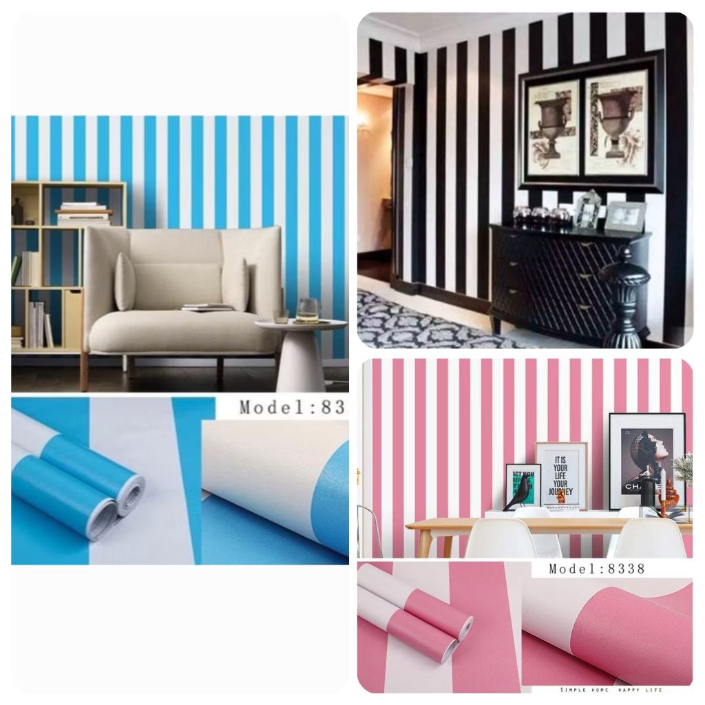 Wallpaper Dinding motif salur pink biru hitam putih | Mj store makassar