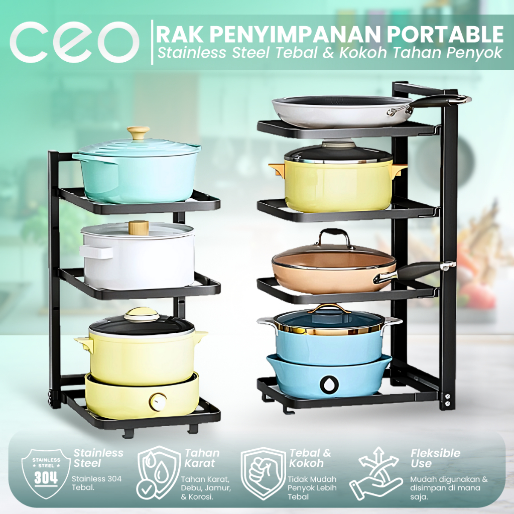 CEO Rak Penyimpanan Bawah Pot Pan Makanan Dapur Susun Piring Panci Wastafel Minimalis Hitam / Putih
