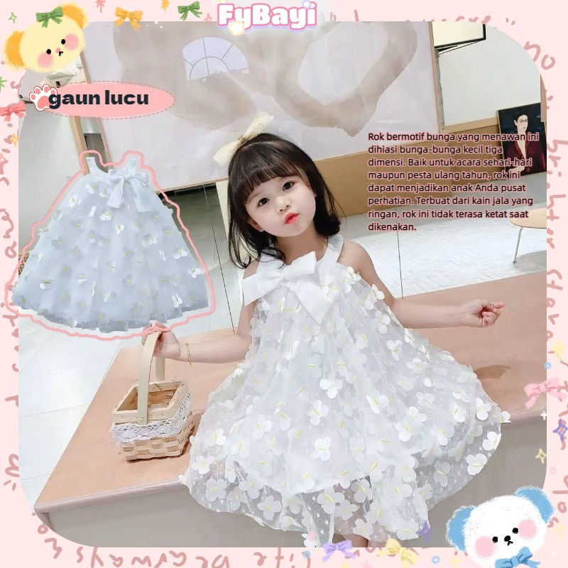 fybayi Gaun putri jala bunga 3D yang menawan untuk anak perempuan, rok tutu kelopak 3D putih untuk a