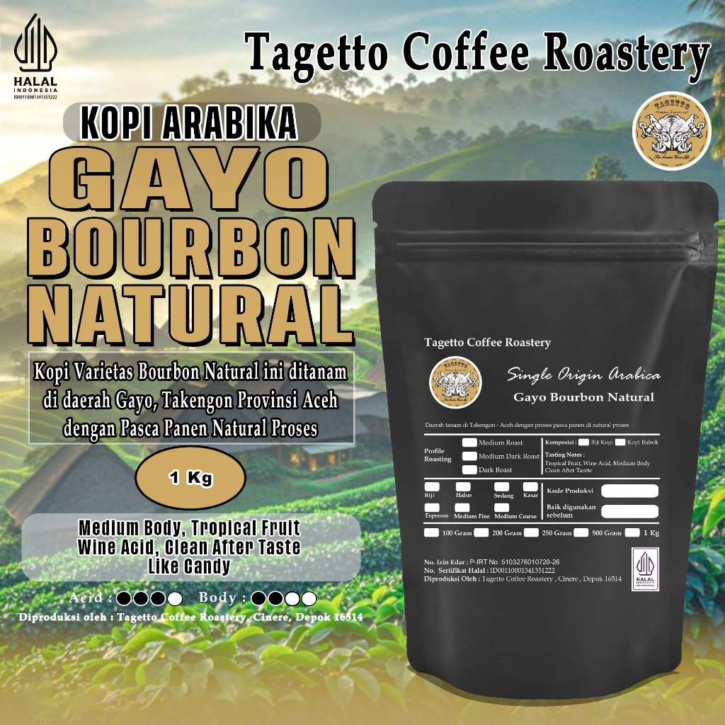 

KOPI ARABIKA GAYO BOURBON NATURAL 1KG | ARABICA BEAN GROUND BIJI BUBUK 1 KG TAGETTO COFFEE ROASTERY