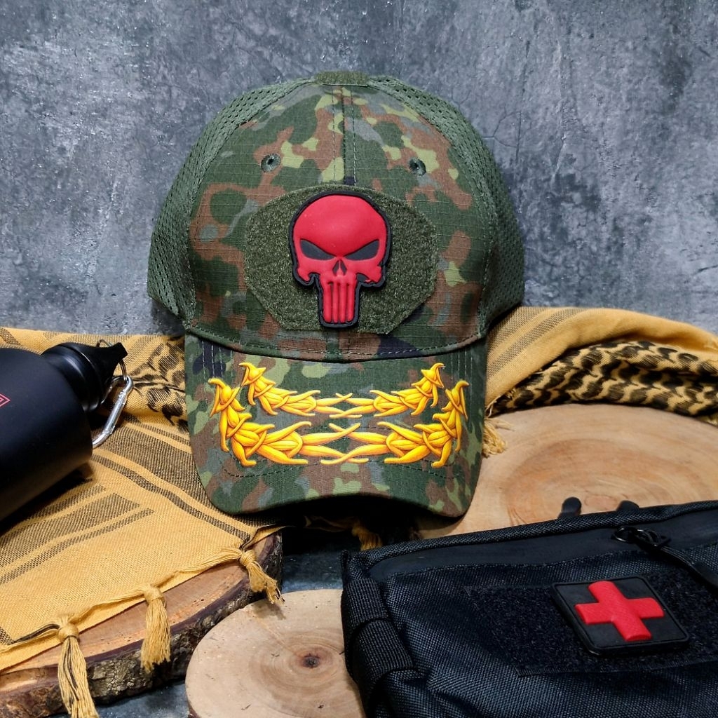Topi Tactical Army Loreng Flecktarn Jerman – Punisher Skull Patch 3D