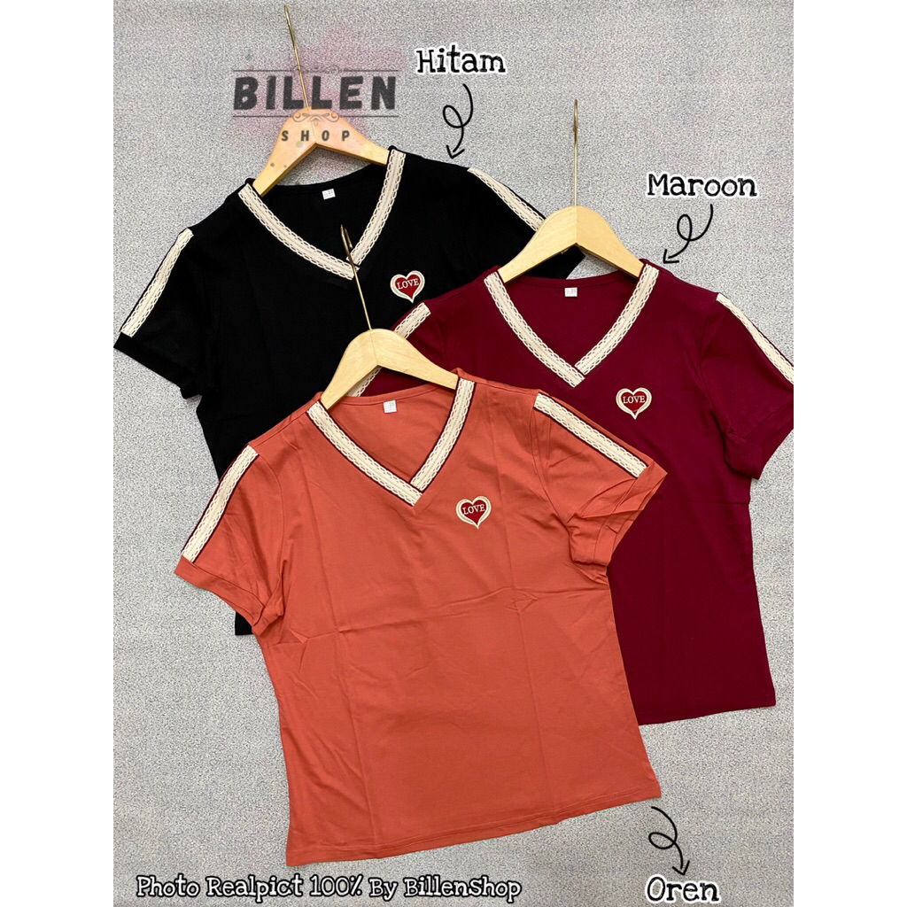 BILLENSHOP - KAOS IMPORT WANITA LEHER V-NECK BORDIR LOVE