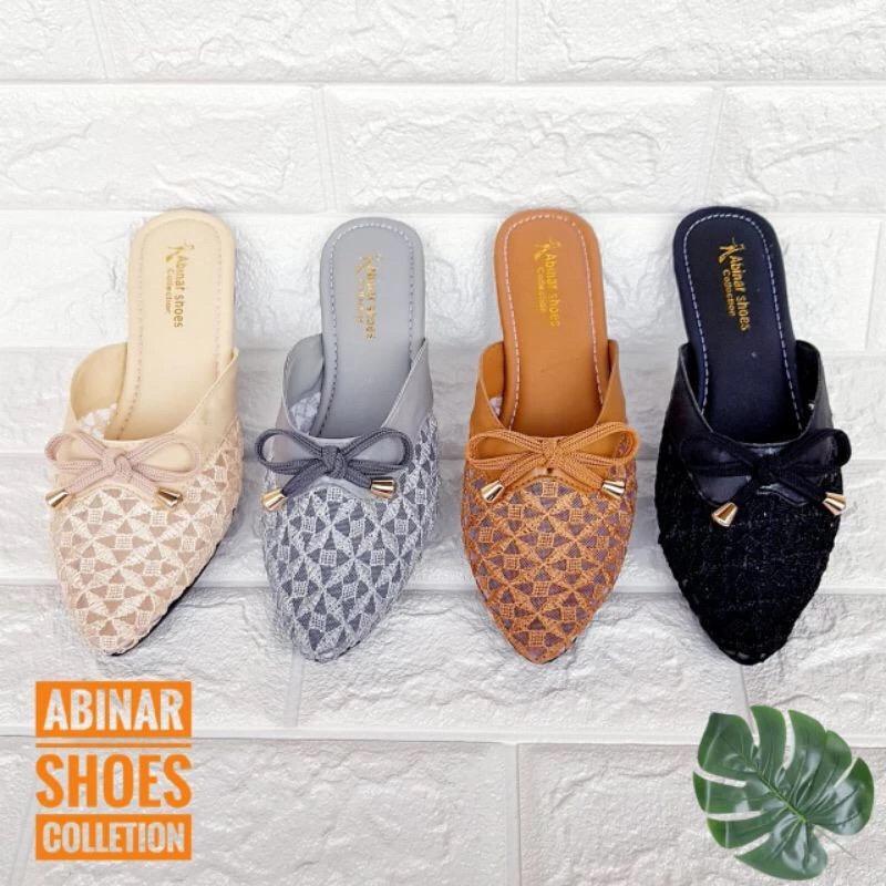 CASUAL - Sandal Mules Wanita Brukat Elegan / Flatshoes Slip On Kekinian Sol Karet Anti Licin Size 36