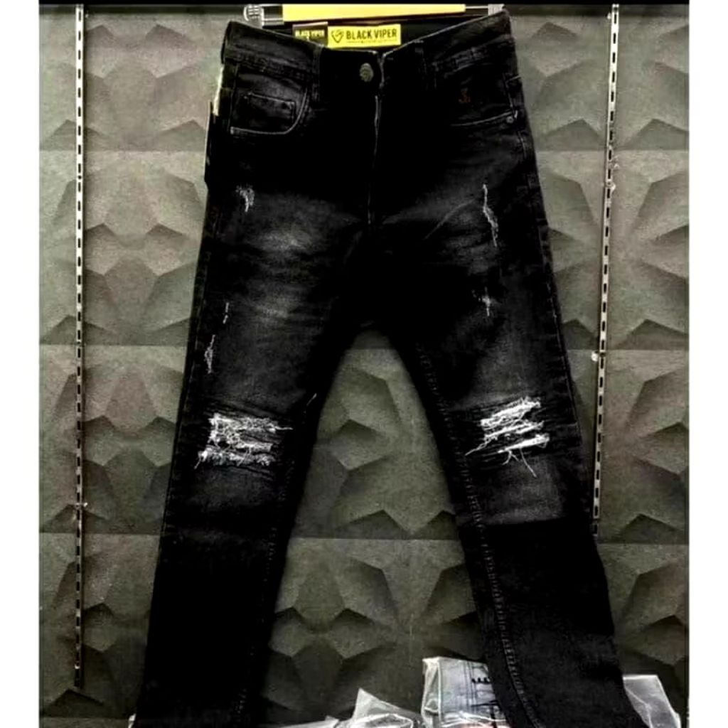 celana jeans pria panjang black premium street style ripped model slimfit hitam sobek di lutut