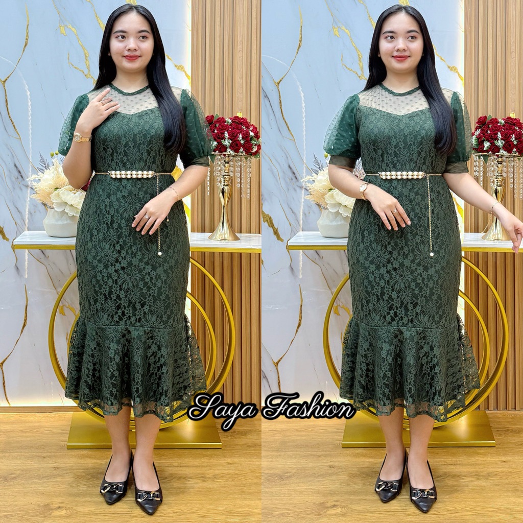 Midi Dress Brukat Duyung Polos Free Belt Hijau Baju Pesta Kondangan 51030