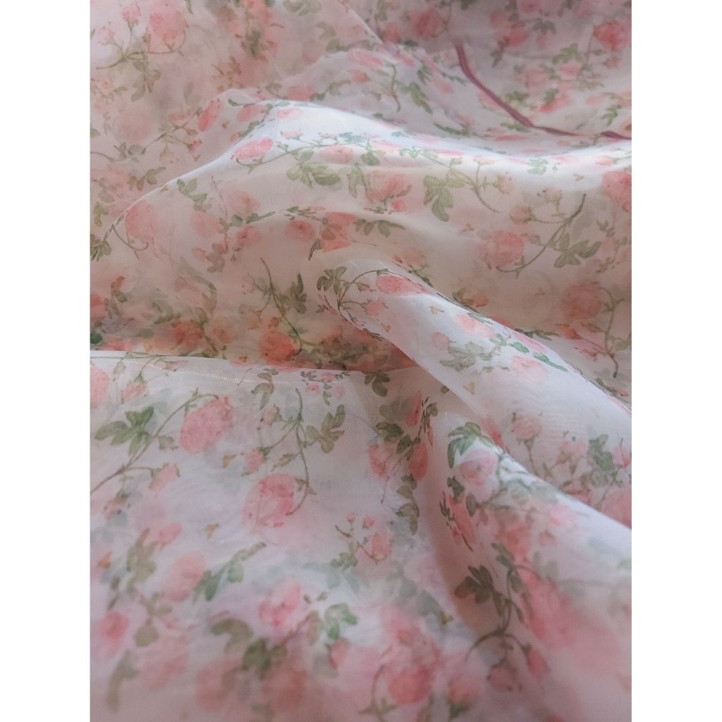 kain organza premium  - kain organza motif bunga  - kain organza luxury  - kain organza tipis( pink)