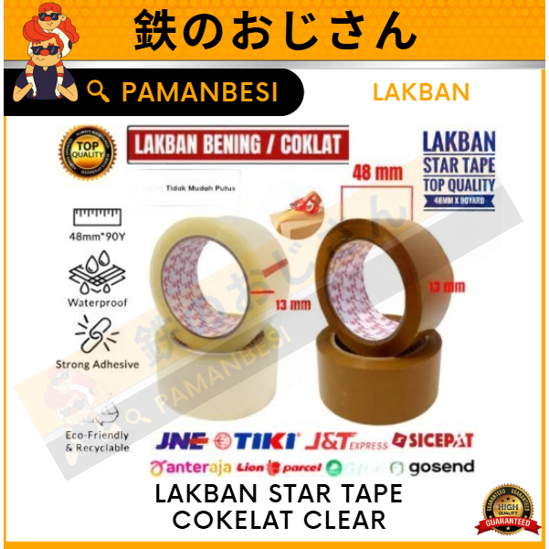 

Lakban Bening/Cokelat Packing Online STAR Tape Clear/Tan 2inci 48mm x 90 Yard