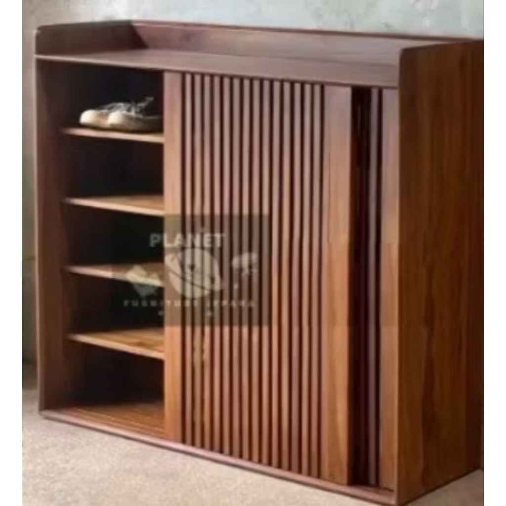 LEMARI SEPATU KAYU JATI SLIDING DOOR