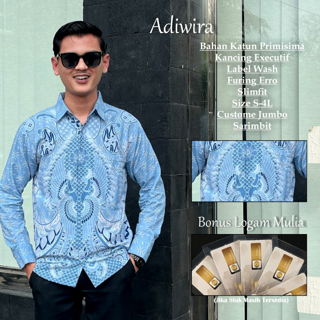 PERKASA BATIK Motif Adiwira Biru Atasan Kemeja Batik Pria Premium Lengan Panjang Slimfit Bahan Katun
