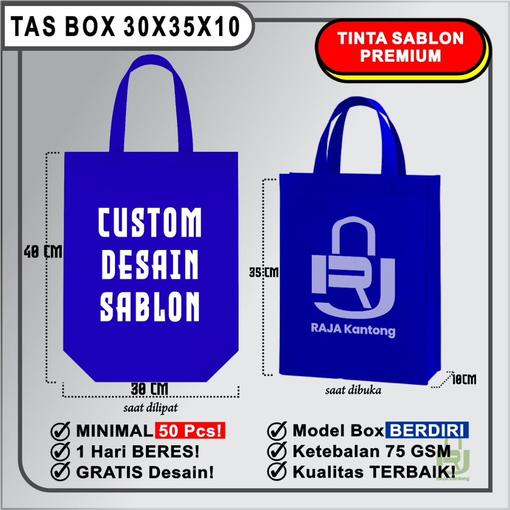

TAS SPUNBOND BOX BERDIRI 30X35x10 (SABLON COSTOM) UNTUK TAS SOUVENIR, SYUKURAN, TAHLIL MENGENANG, PROMOSI, BANSOS, CLOTHING