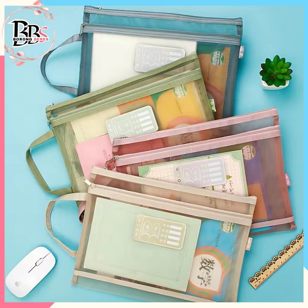

BORES Tas Buku dan Alat Tulis Map A4 Dua Slot File Folder Tas Mesh Dokumen Transparant A4 Zipper 2 in 1 Multifungsi Totebag Buku Transparan Jaring