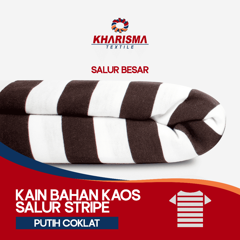 Kain Bahan Kaos Salur Besar 2cm Putih - Coklat Tua CVC 30s Corak Motif Garis Stripe Lebar 2 cm x 2 c