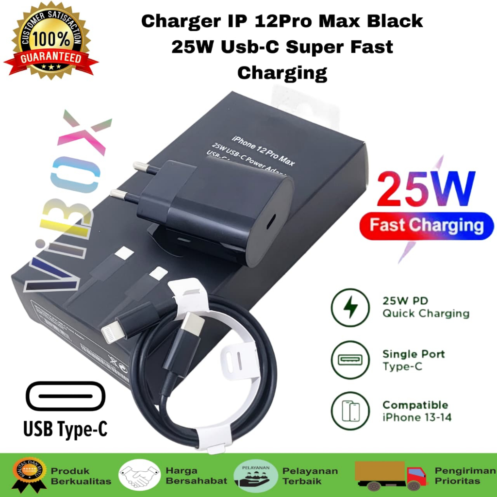 CHARGER VIBOX 25W ALL BLACK USB C TO LIGHTING CABLE CHARGER VIBOX