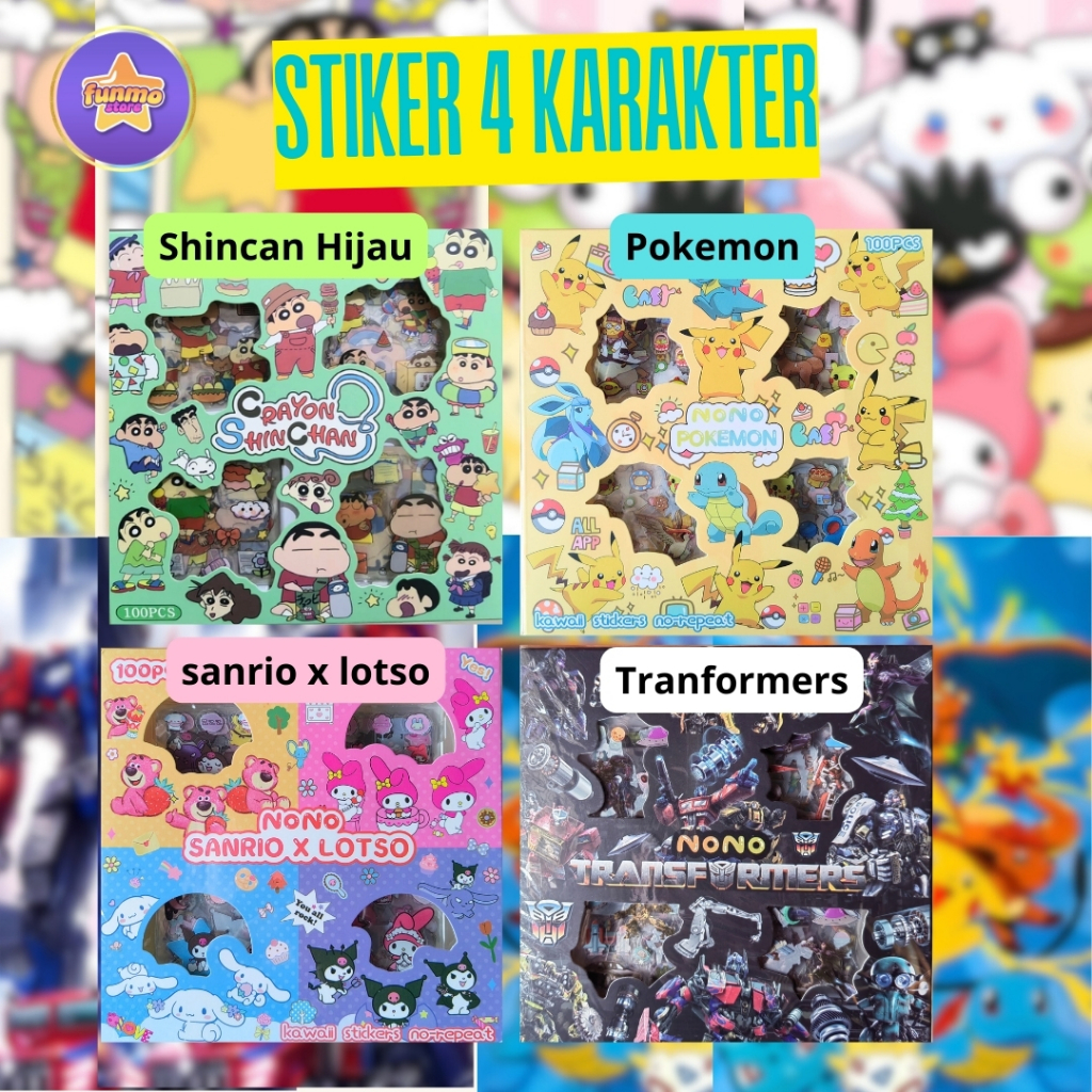 

Stiker Karakter Lucu 4 Pilihan – Isi 100pcs (Shinchan, Pokemon, Sanrio x Lotso, Transformers)