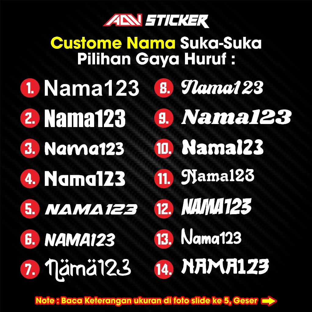 

Sticker Custome Nama Keren | Ganti Jadi Nama Kamu | Cutting Sticker | 3 Ukuran | 14 Warna | 01