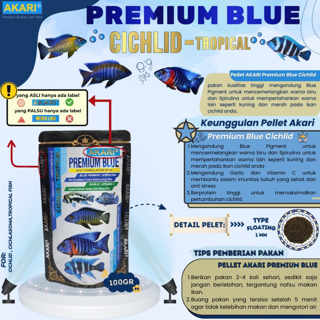 Makanan ikan AKARI AA PREMIUM RED BLUE YELLOW CICHLID 100GR