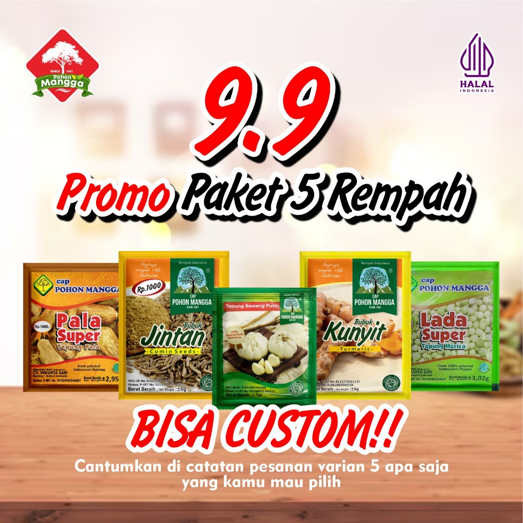 

PROMO 5 VARIAN MIX BUMBU REMPAH || JINTAN, KUNYIT, BAWANG PUTIH, PALA SUPER, LADA SUPER || 5 RENCENG