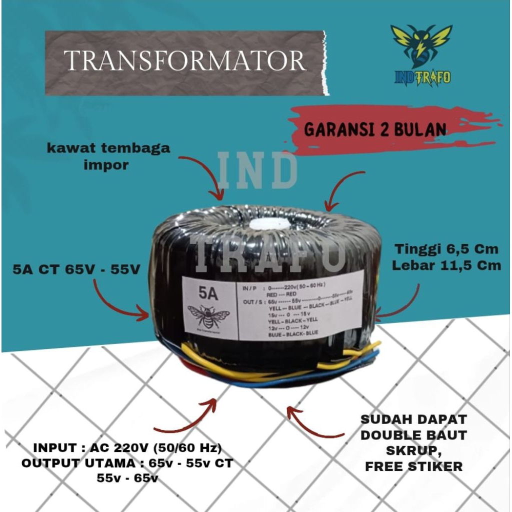trafo toroid donat 5 ampere ct 65v - 55v