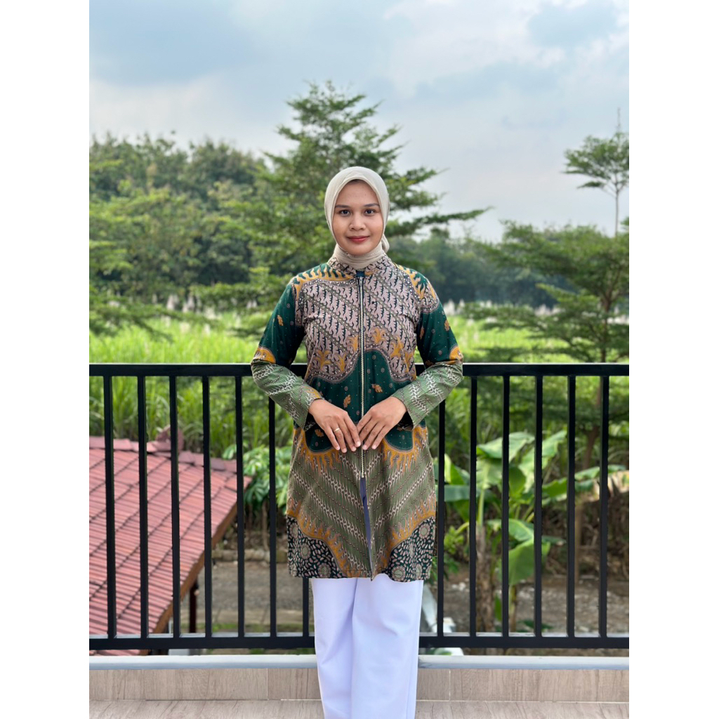 Tunik Batik INARA HIJAU BOTOL Bahan Katun Full Tricot