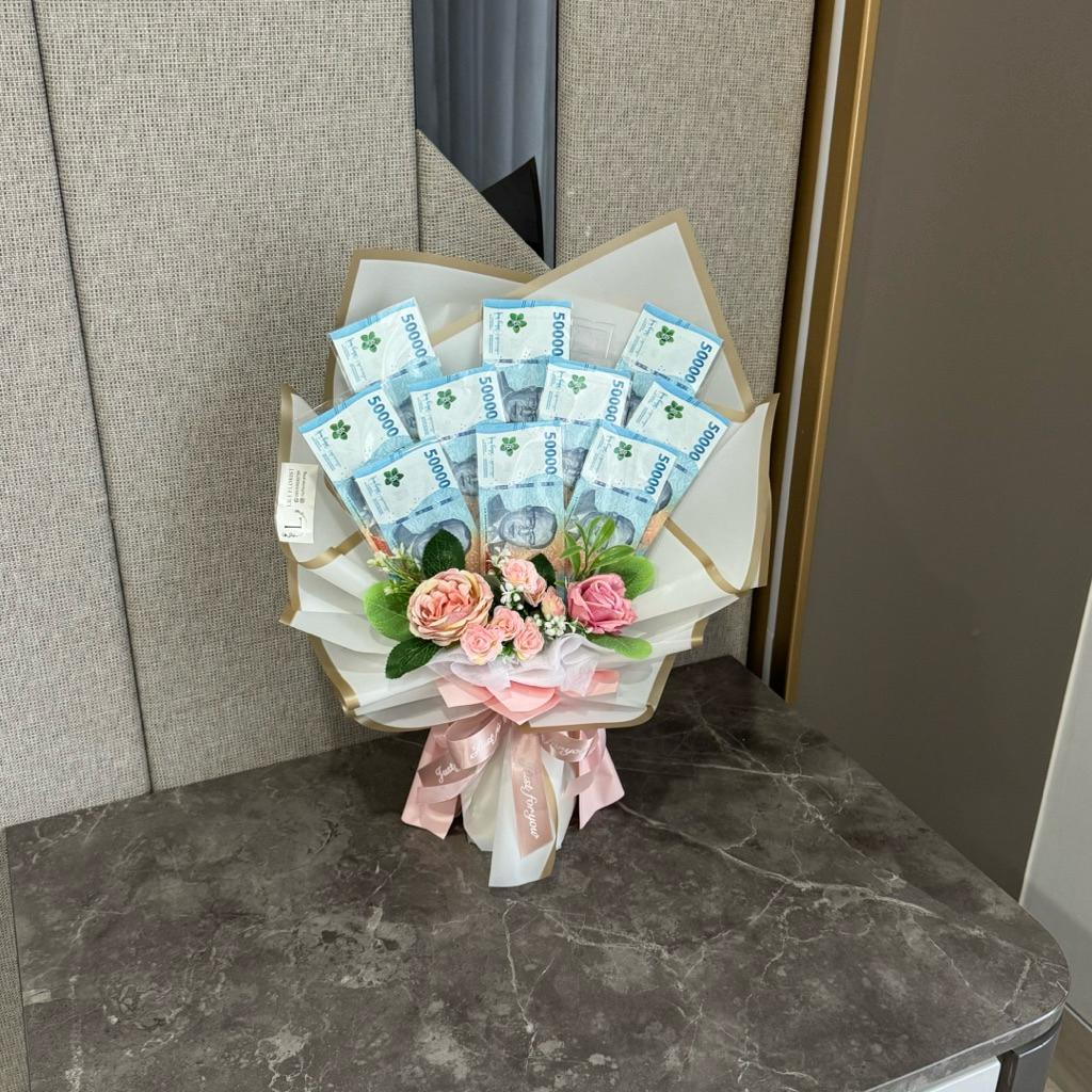 Buket Uang Bunga Semarang 10 lembar pecahan 50 ribu (500rb) Money Bouquet Custom bucket uang tunai m