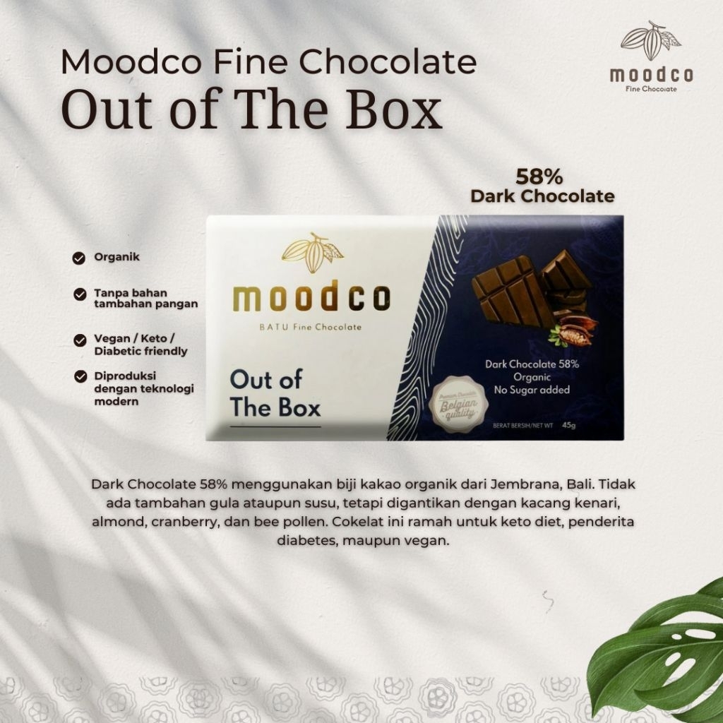 

Moodco | Out of The Box Dark Chocolate 58% | Cokelat Diet/ Vegan/ Keto | No Sugar | Fine Chocolate | Cokelat Sehat