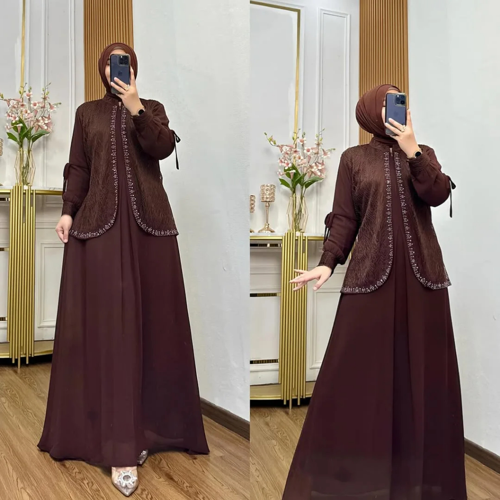 Gamis Ceruty Burgundy KIRANA Full Puring Mix Brukat Plus Swarovski // Dress Kondangan Wedding Dress 