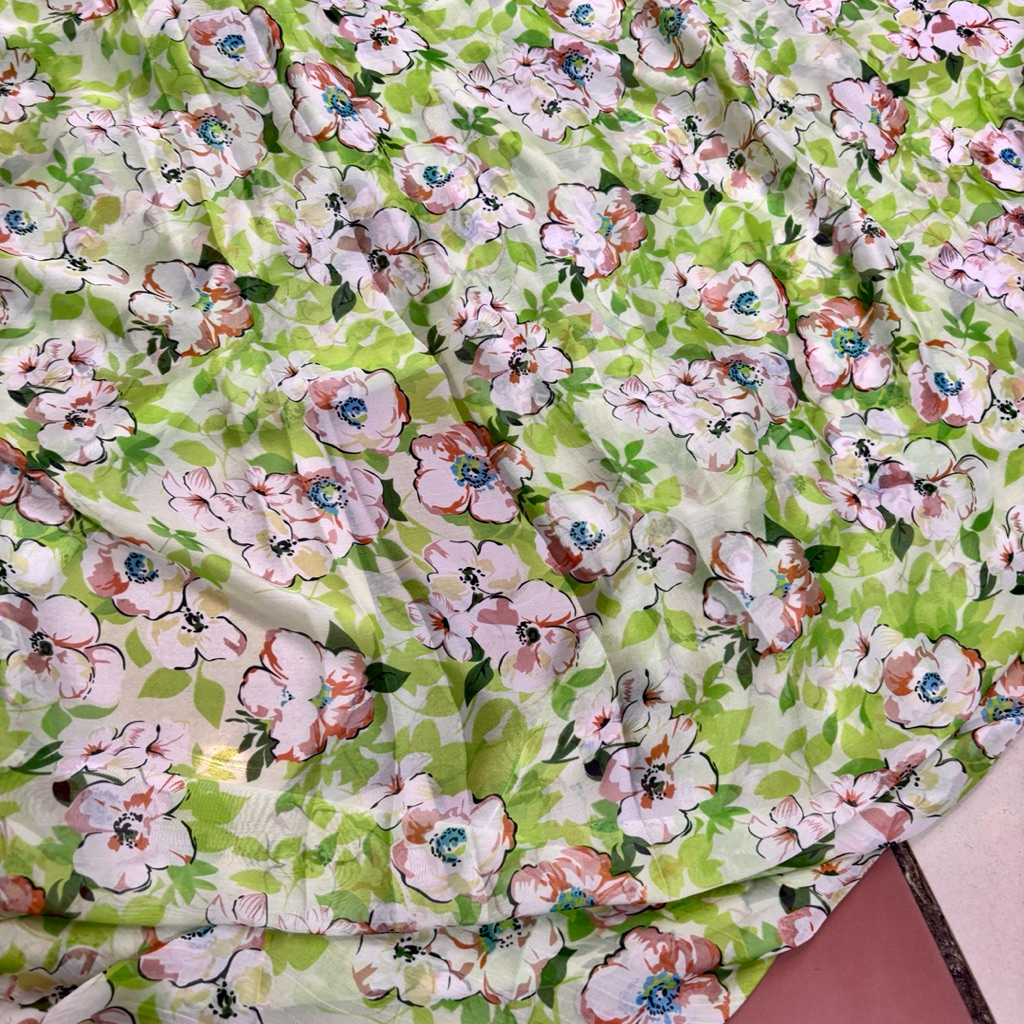 Kain Sifon Sutra Motif Bunga Hijau Pink – Bahan Flowly Adem Elegan Untuk Gamis Dress Blouse Hijab