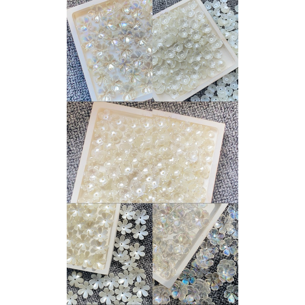Manik Bunga Resin Akrilik Putih Hologram Mutiara Transparan Bahan DIY Kalung Gelang Bros Jepit Rambu