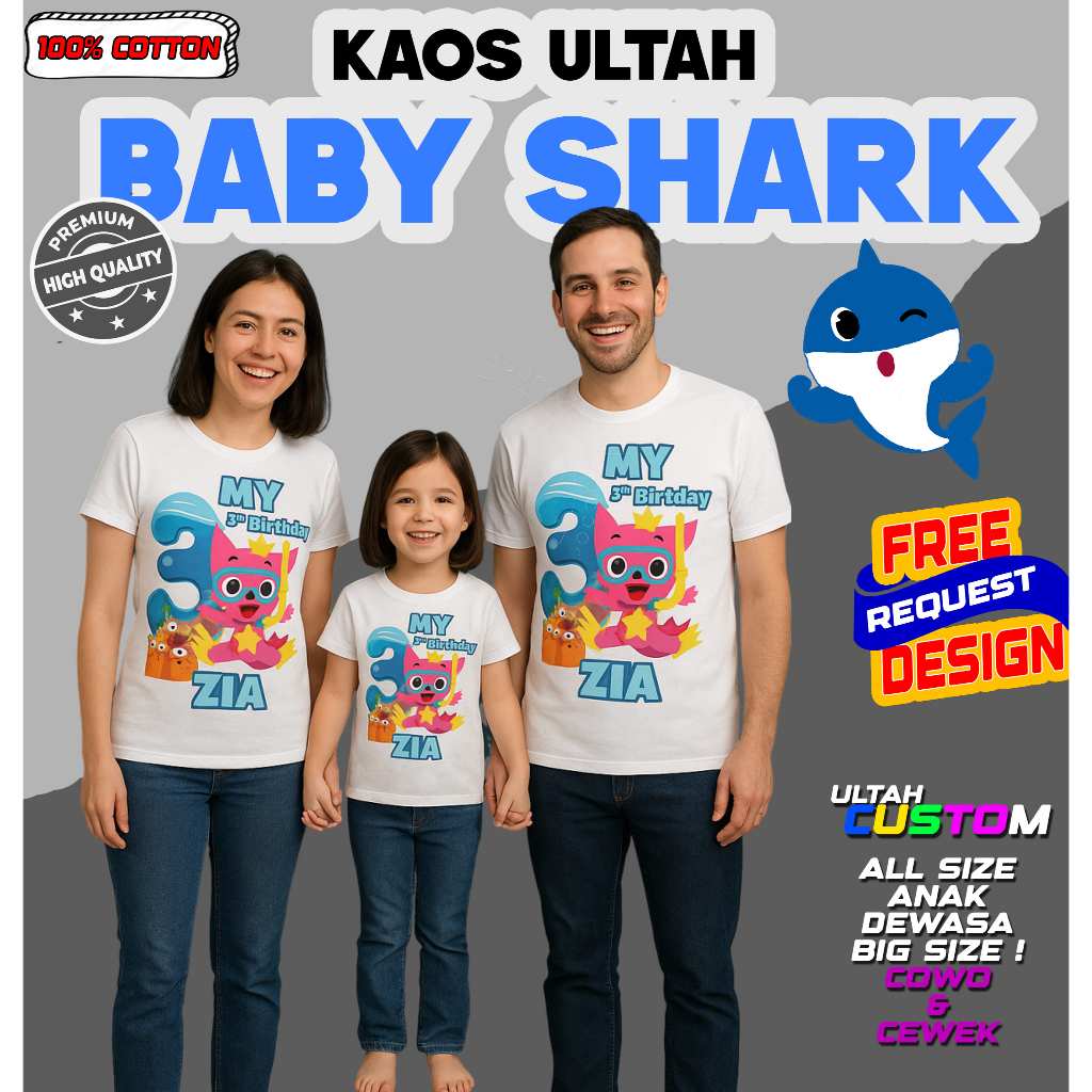 Outfit Ultah Baby Shark | Kaos Anak & Orang Tua Seragam Ulang Tahun