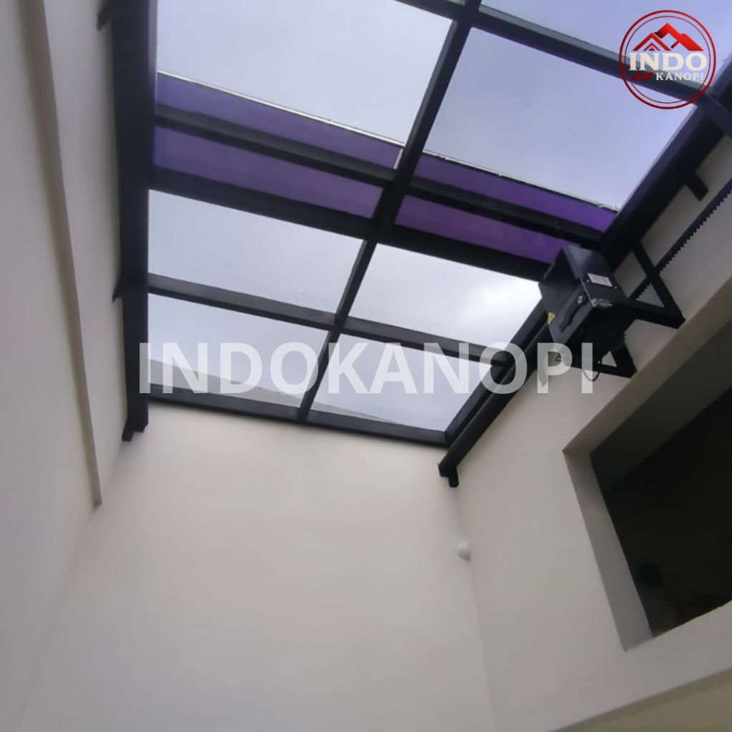 kanopi kaca sliding otomatis + rangka besi hollow & mesin sliding otomatis