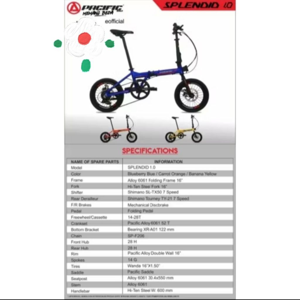 SEPEDA LIPAT 16 INCH PACIFIC SPLENDID 1.0 FRAME ALLOY 7 SPEED MURAH OBRAL SURABAYA