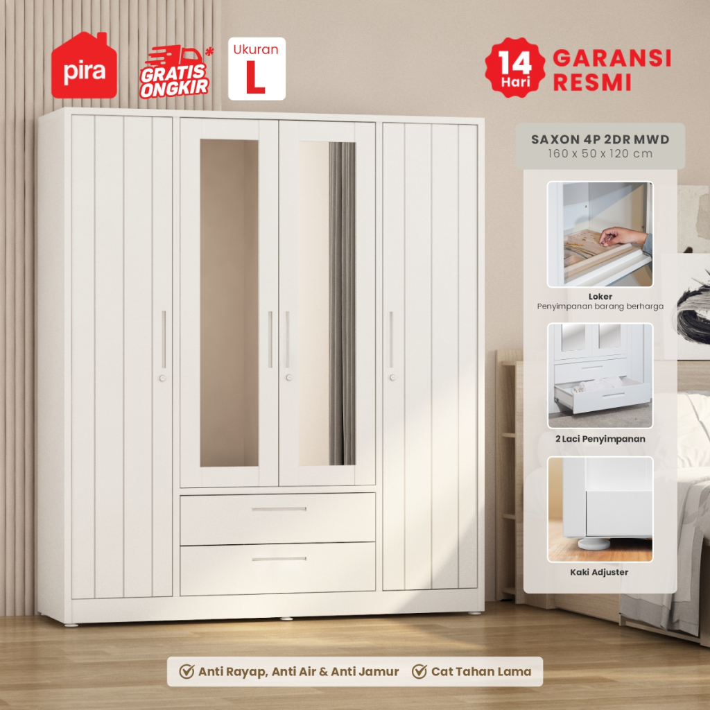 PIRA - SAXON 4P 2DR MWD Lemari Pakaian Besi 4 Pintu dengan Cermin dan 2 Laci