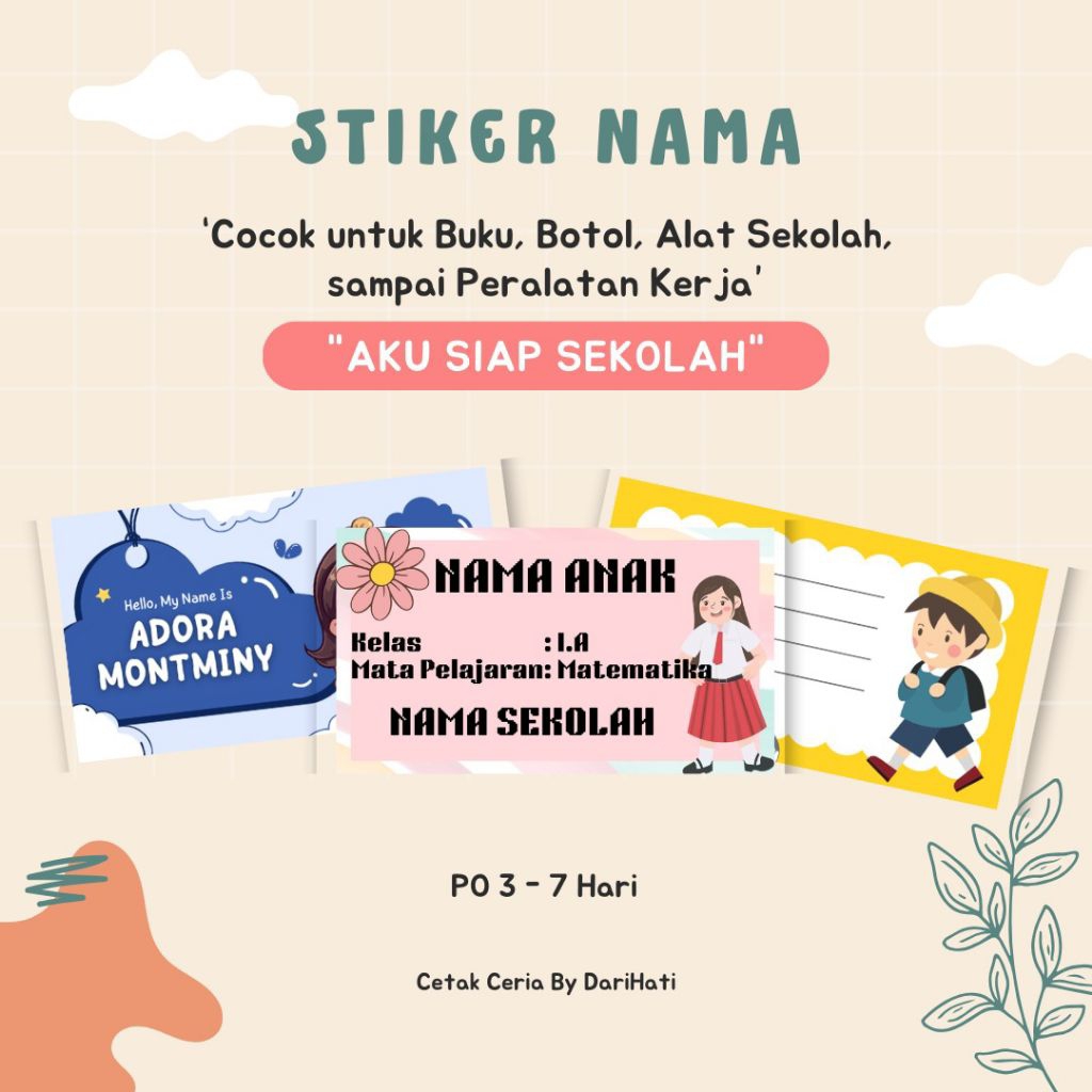 

Label Nama Ukuran 8 × 4 cm (Harga /10pcs free 3pcs)