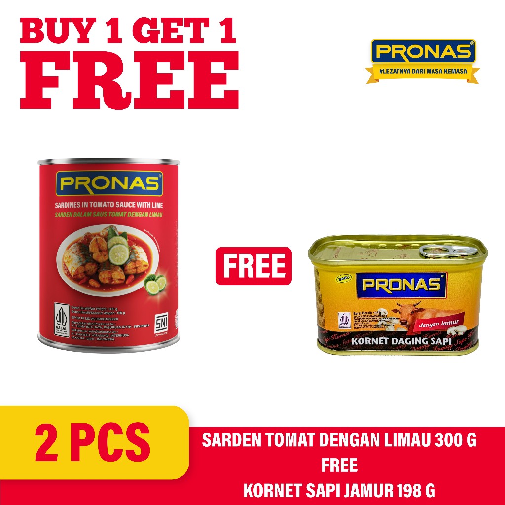 

[BUY 1 GET 1] PRONAS Sarden Saus Tomat dengan Limau 300 g Free Kornet Sapi dengan Jamur 198 g