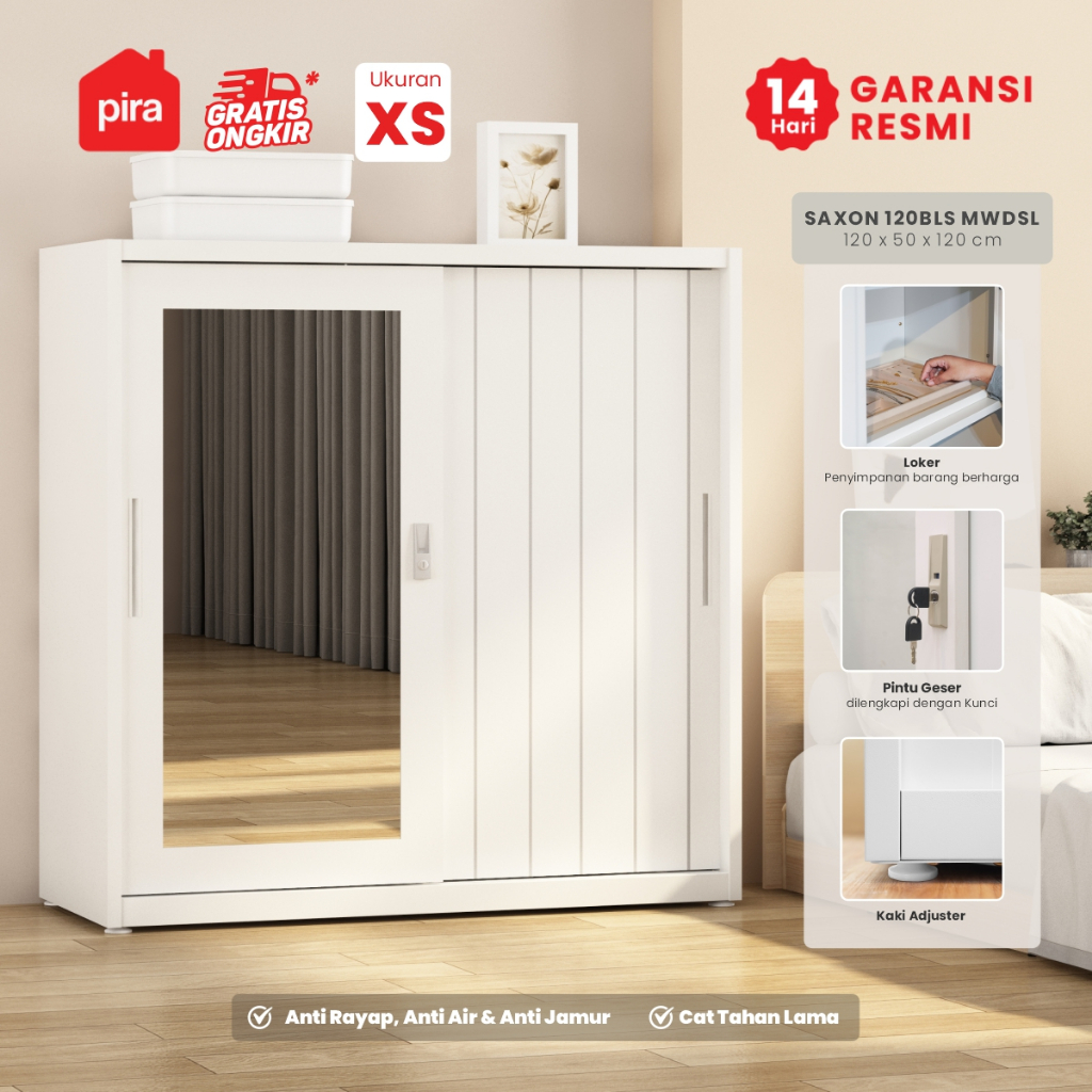 PIRA -  SAXON 120BLS MR MWDSL Lemari Pakaian Besi Pintu Sliding dengan Cermin / Lemari Pakaian Anak