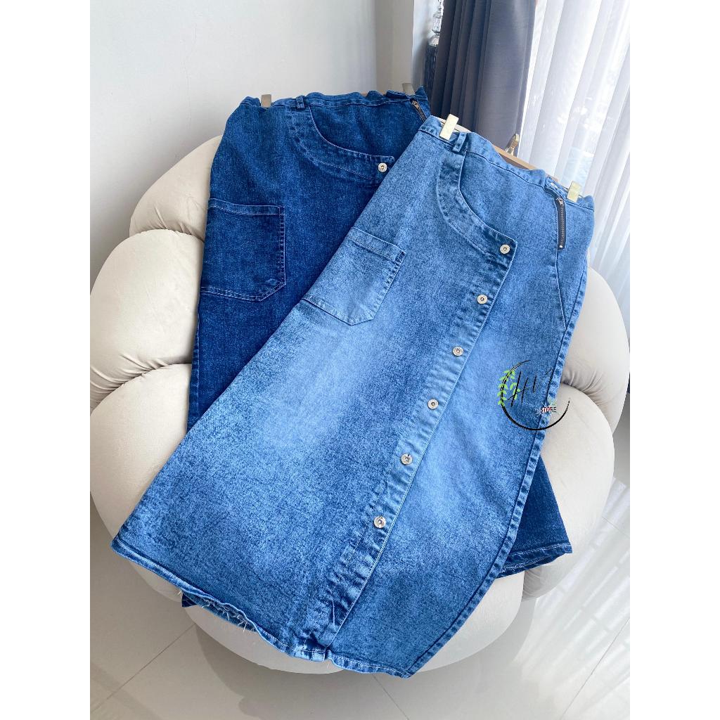 Volka Rok Panjang Jeans Span Kancing Karet