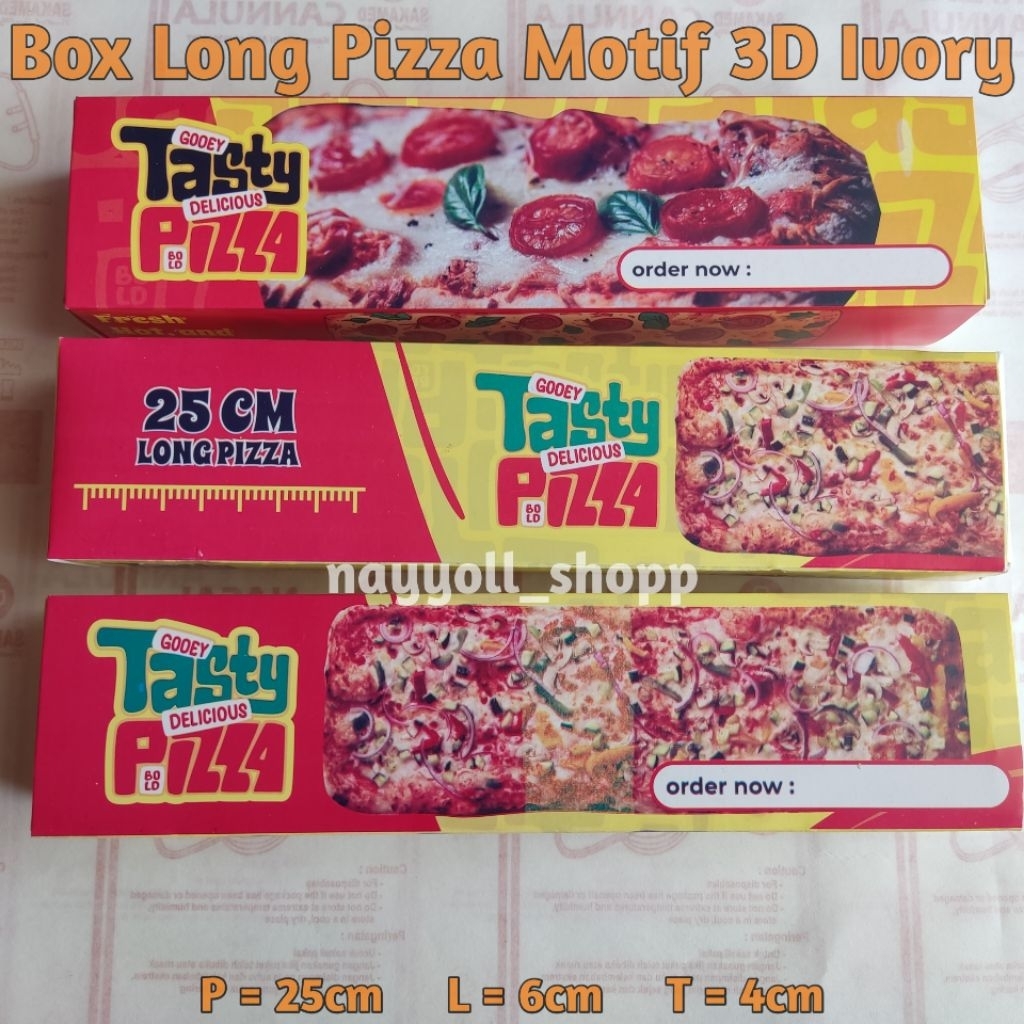 

100 pcs Box Long Pizza Motif 3D Ivory Ukuran 25×6×4 cm isi 50 pcs / Kardus Tasty Pizza / Wadah Pizza Panjang / Kemasan Long Pizza / Kotak Long Pizza / Bungkus Long Pizza / Kertas Long Pizza