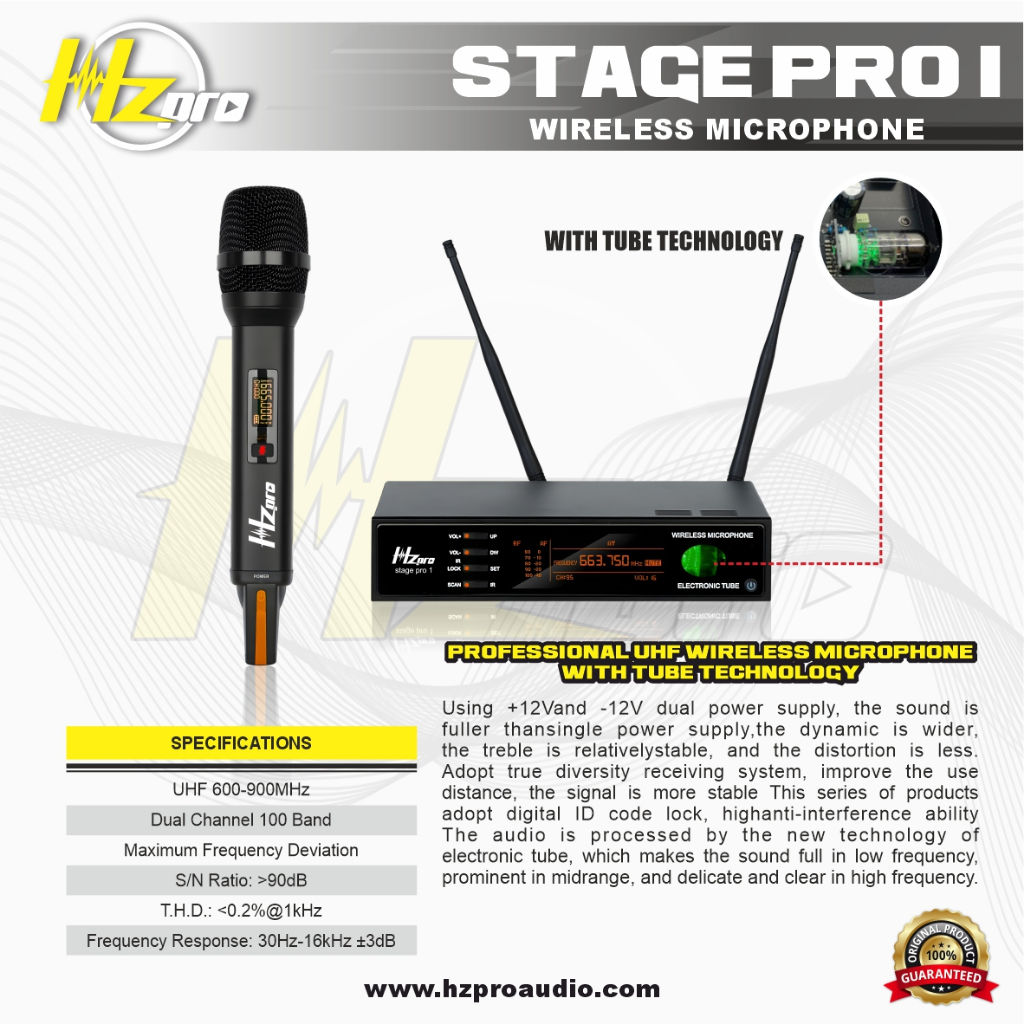 MIC WIRELESS HZ PRO STAGE PRO 1 (TUBE WIRELESS TECHNOLOGY) ORIGINAL - 1 HANDLE MIC | 2 ANTENA