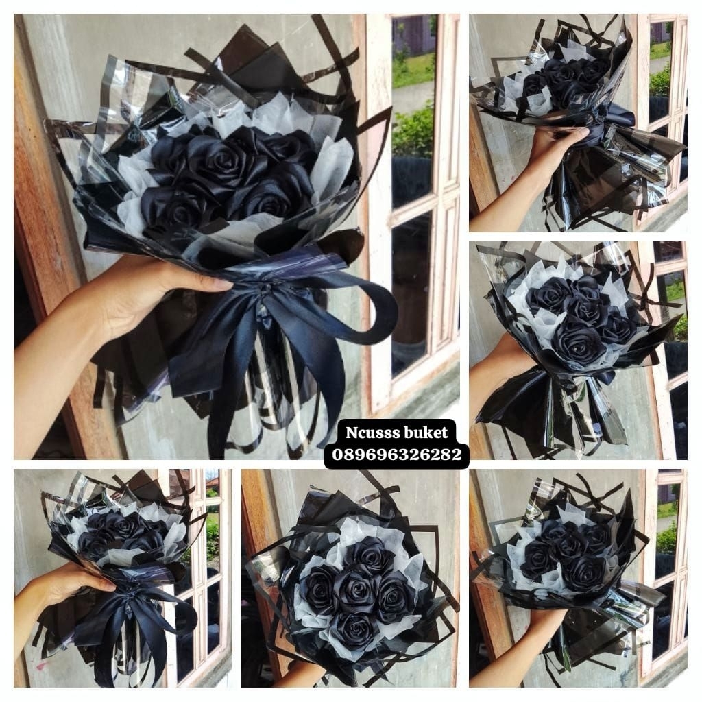 

Buket bunga pita satin hitam dengan desain unik dan tema random 5 tangkai