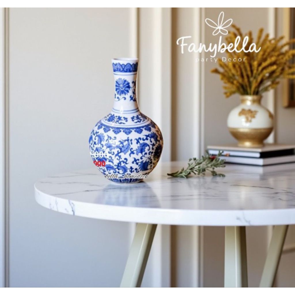 Guci Vas Bunga Keramik Putih Biru Silinder Motif Bunga Mewah Import Dekorasi Rumah/FANYBELLA
