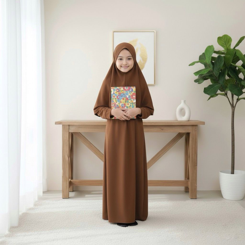 Gamis Anak Perempuan Muslim Polos Syari Warna Coklat Bahan Premium Nyaman Dipakai