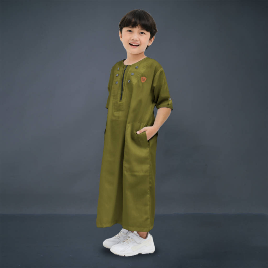 Kawan Muslim - Jubah Gamis Anak Laki Premium Usiia 1-14 Tahun Warna Hijau Army Lengan Pendek Bahan A