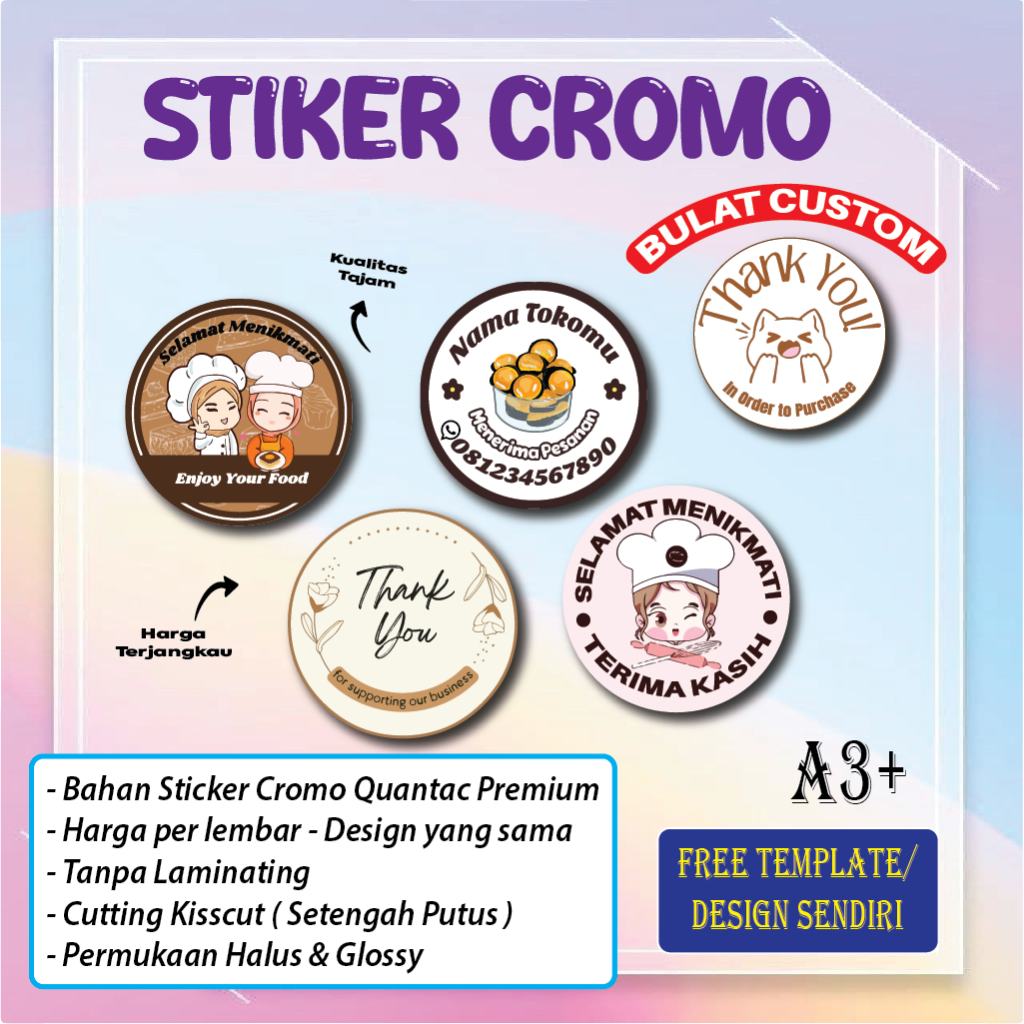 

Cetak Stiker Cromo Bulat Logo Label Thank You Usaha Makanan Chromo A3+ Print Sticker Custom Bulat