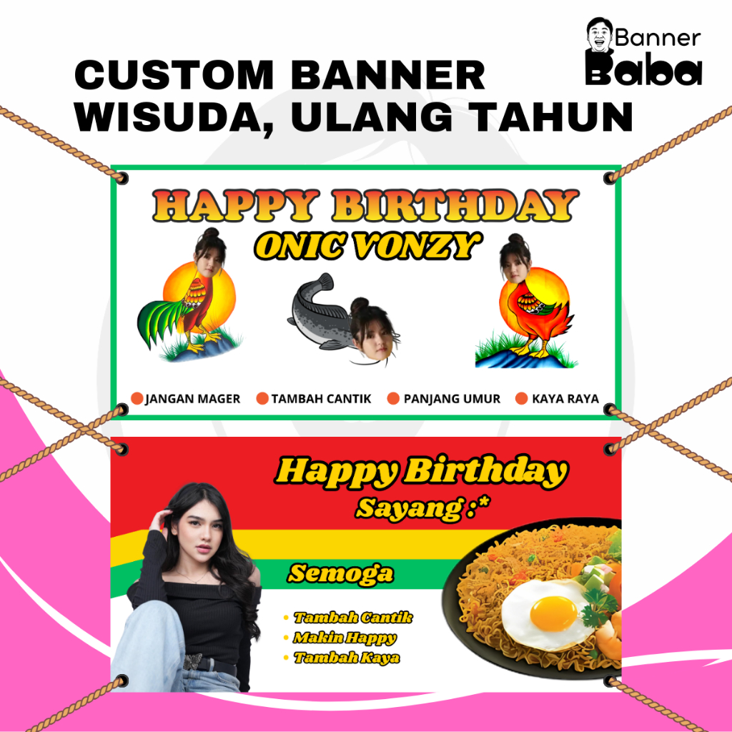 CUSTOM BANNER WISUDA ULANG TAHUN FREE DESAIN - banner ultah lucu - banner wisuda