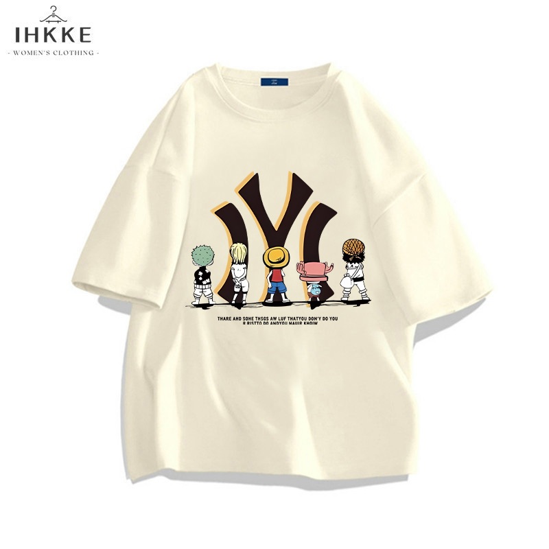 IHKKE Baju Atasan Wanita Terbaru | Kaos MLB Original 100% | Kartun Anime One Piece Letter NY Motif G