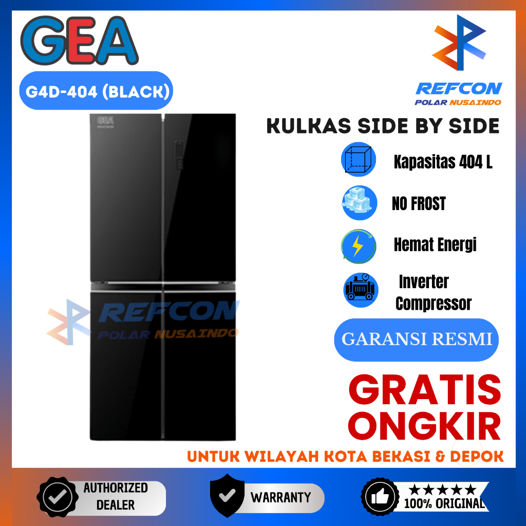 Kulkas Side by Side Inverter GEA G4D 404 / G4D404 [404 Liter] Black Glass