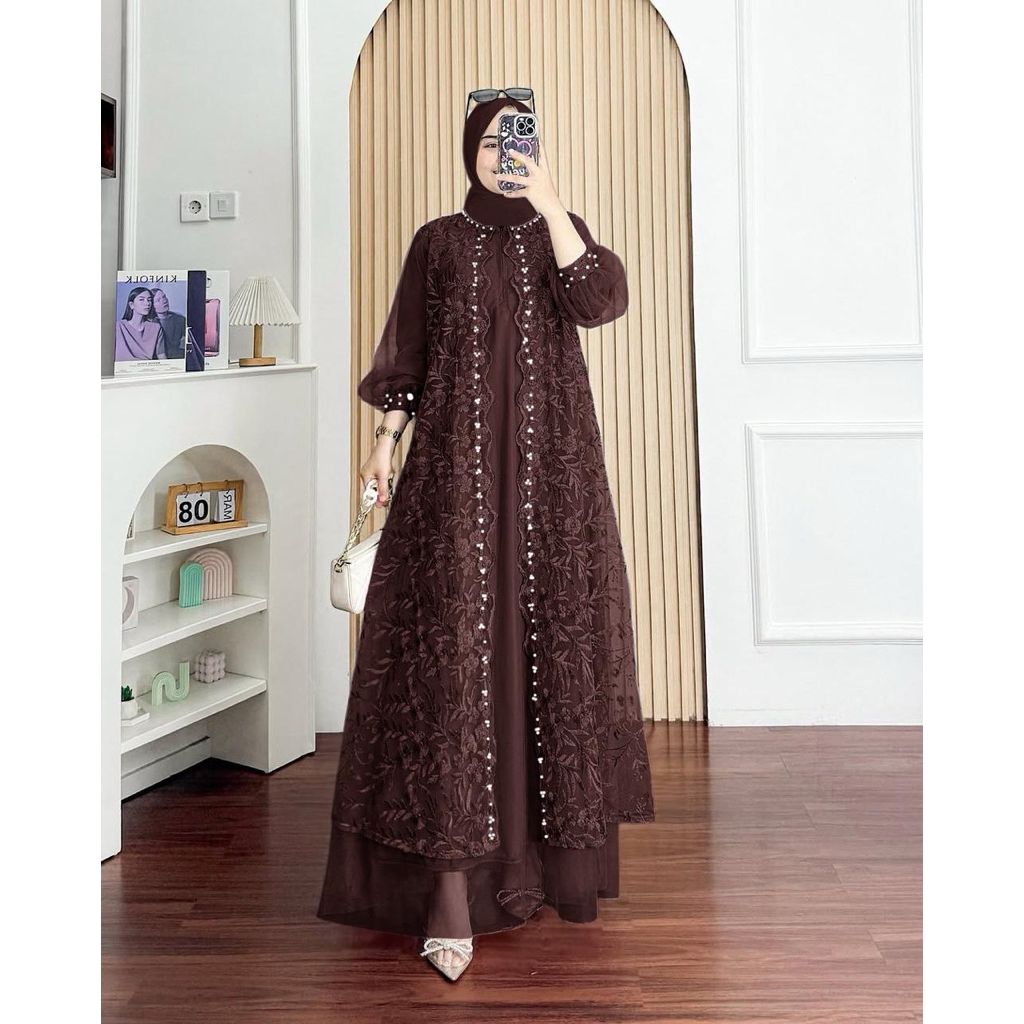 Maxi Lyodra Gamis Pesta Brukat Muslimah M-XXL-MAHOGANI